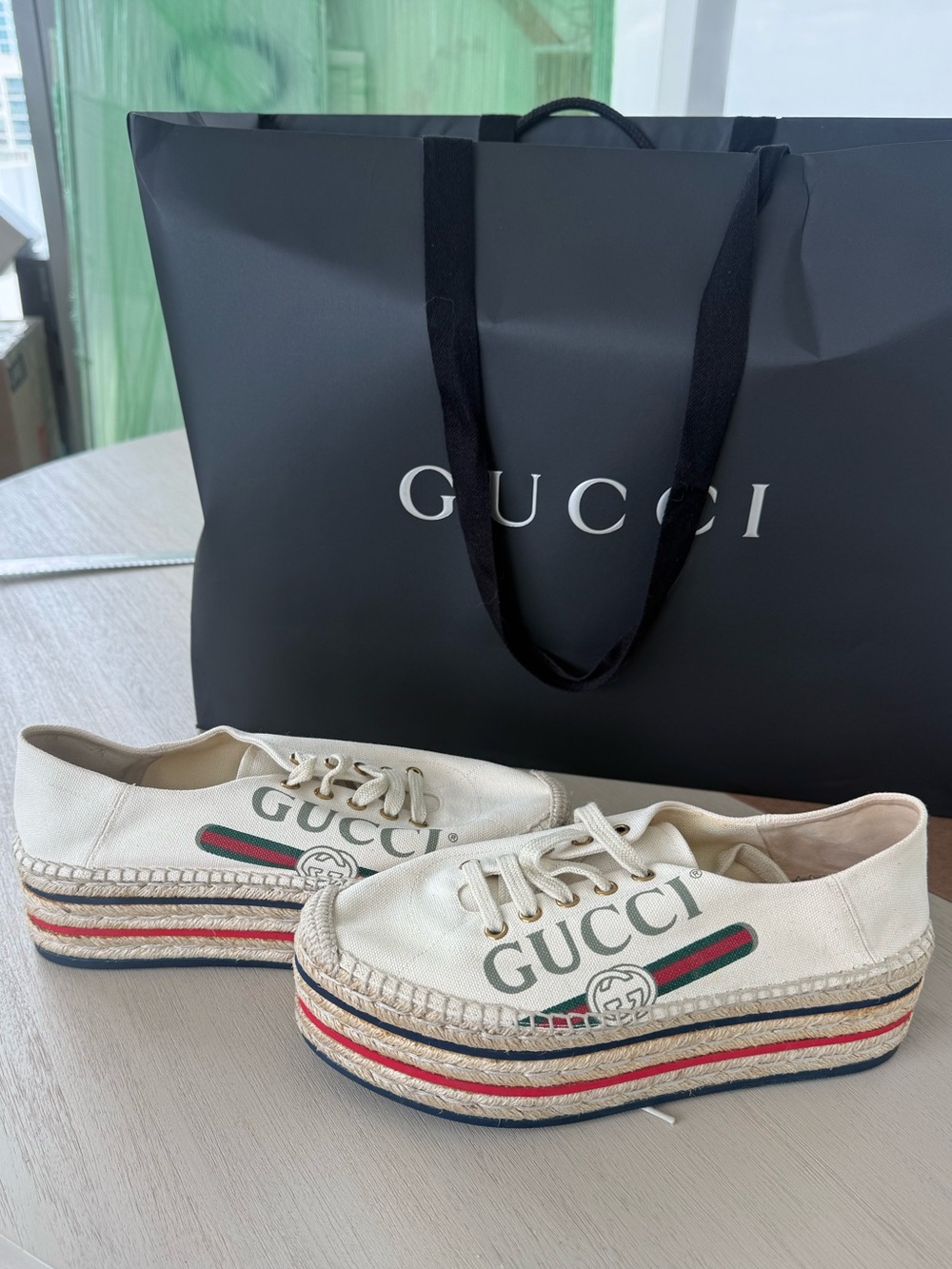 Gucci Cream Canvas Platform Espadrille Sneakers with Green-Red Web